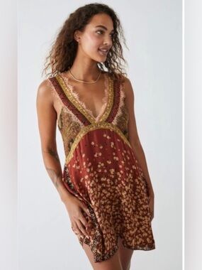 Free People East Willow Trapeze Slip Dress in Rust and Gold
